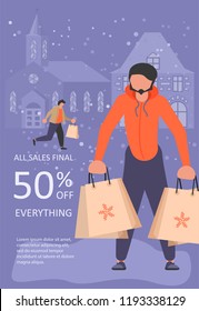 Vertical Banner for Christmas sale. People running after shopping, tearing off discount coupons from a Xmas tree. Vector illustration eps 10