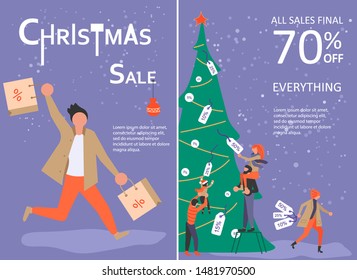 Vertical Banner for Christmas sale. People running after shopping, tearing off discount coupons from a Xmas tree. Vector illustration eps 10