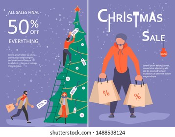 Vertical Banner for Christmas sale. People running after shopping, tearing off discount coupons from a Xmas tree. Vector illustration eps 10