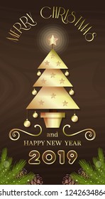 Vertical banner with Christmas tree for New Year 2019. Merry Christmas and Happy New Year. Vector illustration
