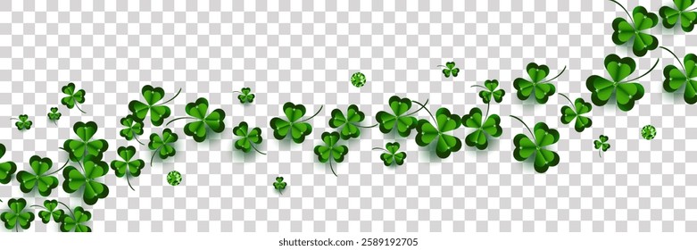 Vertical banner with clover leaves and emeralds. Decor element for St. Patrick's Day decoration. Leaves on transparent background.  