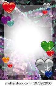 Vertical banner with color background and sparkling hearts. Copy space. Vector clip art.