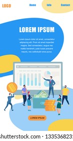 Vertical Banner with Copy Space. Busniess Man in Formal Suit Presenting Graphs and Charts on Big PC Monitor Standing on Coin Pile and Wallet. Office People Listening. Cartoon Flat Vector Illustration.