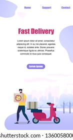 Vertical Banner with Copy Space. Cartoon Man Character Carry Pizza Box in Hands. Bearded Guy Delivery Service Order Shipping. Red Scooter Stand on City View Background. Flat Vector Illustration.