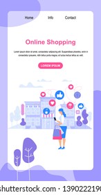 Vertical Banner with Copy Space. Online Shopping. Young Lady Consumer with Paper Bags in Hands Make Shopping Purchases in Website App Stand Out of Store Building Background. Flat Vector Illustration.