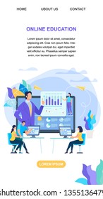 Vertical Banner with Copy Space. Students Learn Distance Using Internet Technology. Group of People Watch Webinar. Education, Teacher Speak at Computer Desktop Online. Cartoon Flat Vector Illustration