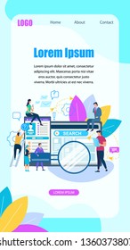 Vertical Banner with Copy Space. Tablet and Smartphone with Open Browser. People Look for Information through Magnifier on Web Page. Leaves and Outline Icons Around. Cartoon Flat Vector Illustration