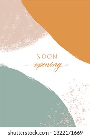 Vertical banner with copyspace and abstract brush strokes and hand marks. Header image with place for text. Soon opening - hand lettering.