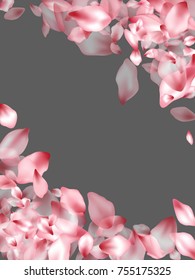 Vertical banner corners border of flying petals isolated on grey invitation background, flower parts wedding decorative frame. Pink blossom elements, flower petals valentines day background border.