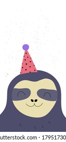 Vertical banner with cute sloth and empty space. Design for kid's party cards, poster, template, placard. Vector illustrations.