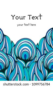 Vertical banner with decorative pattern abstract ethnic feathers, turquoise blue black on white background, vector illustration. Cover for booklet, brochure or flyer.