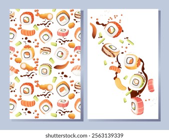 Vertical banner design. Advertising style menu card. Sushi roll japan street fast food with seafood salmon tuna and rice with cheese vector illustration on white background.