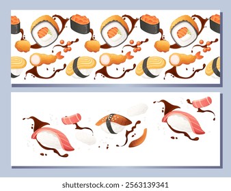 Vertical banner design. Advertising style menu card. Sushi roll japan street fast food with seafood salmon tuna and rice with cheese vector illustration on white background.