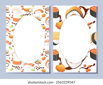 Vertical banner design. Advertising style menu card. Sushi roll japan street fast food with seafood salmon tuna and rice with cheese. Empty space in center. vector illustration on white background.