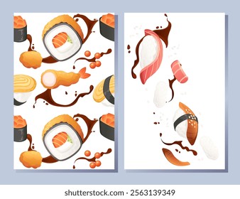 Vertical banner design. Advertising style menu card. Sushi roll japan street fast food with seafood salmon tuna and rice with cheese vector illustration on white background.