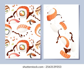 Vertical banner design. Advertising style menu card. Sushi roll japan street fast food with seafood salmon tuna and rice with cheese vector illustration on white background.