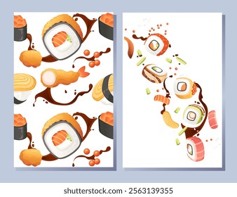 Vertical banner design. Advertising style menu card. Sushi roll japan street fast food with seafood salmon tuna and rice with cheese vector illustration on white background.