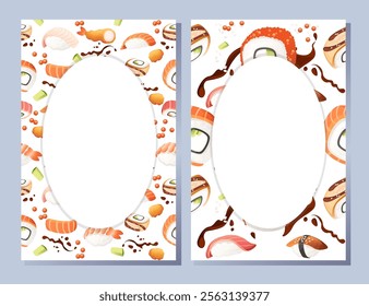 Vertical banner design. Advertising style menu card. Sushi roll japan street fast food with seafood salmon tuna and rice with cheese. Empty space in center. vector illustration on white background.