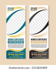 Vertical Banner Design Signboard Advertising Brochure Flyer Template Vector x banner and Street Business Flag of Convenience, Layout Background. women conference of headline. space for photo collage.