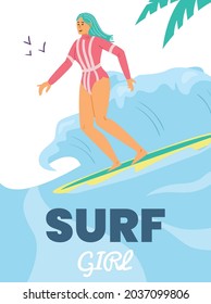 Vertical banner design with surfing young pretty girl in swimwear, flat vector illustration. Summer beach recreational and entertainment activity banner or poster.