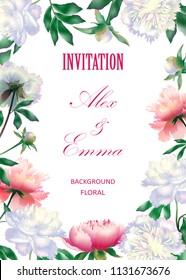 Vertical  banner with detailed pastel realistic peonies. Design for wedding invitations,  cosmetics,  healthcare products. 