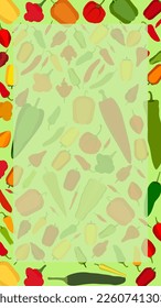 Vertical banner with different types of pepper. Sweet, mild and medium hot, super hot peppers. Vegetables. Flat style. Vector illustration isolated on green background. Template.