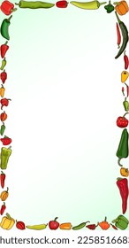 Vertical banner with different types of peppers. Sweet peppers. Mild, medium hot, super hot Chili peppers. Vegetables. Cartoon style. Vector illustration isolated on white background. Template.