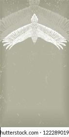 Vertical banner. Drawing detailed swallow on the grey background. China style.