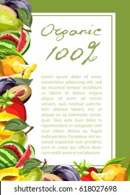 Vertical banner with drawn fruits. Vector fruit mix. Illustration for healthy eating and organic foods. Can be used as a cover, banner, frame or for advertising