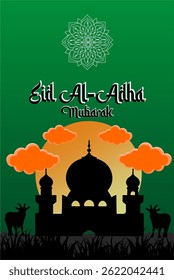 estandarte vertical do eid al adha mubarak com silhueta de mesquita e cabra, à noite. Dia sagrado islâmico de eid al adha