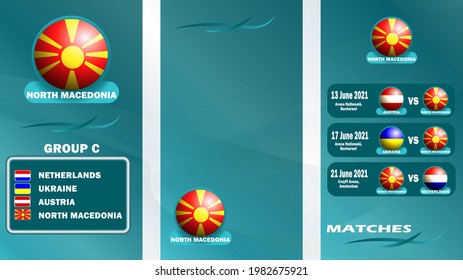 Vertical banner of the European Football Championship 2020 for social networks. Banner of Group C, the North Macedonia national team at the 2020 European Football Championship with a schedule of match