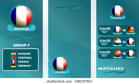 Vertical banner of the European Football Championship 2020 for social networks. Banner of Group F, the French national team at the 2020 European Football Championship with a schedule of matches