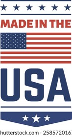 Vertical banner featuring the flag of the United States of America with the words Made in the USA and decorative stars, symbolizing American patriotism and products manufactured within the country