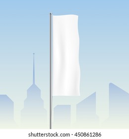 Vertical banner flag, waving on a city background. Vector flag template. White flag mockup.