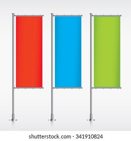 Vertical banner flags. Colorful promotional display surfaces. Realistic mockup.