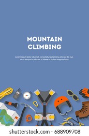 Vertical banner flat design of modern of climbing and equipment for hiking isolated. Outfit for mountaineering and items for traveling and recreation. For web sites, applications and printing, vector