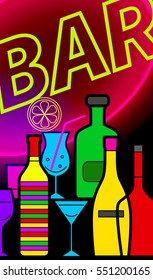 Vertical banner, flyer for cocktail bars. Neon bottles and glasses. Template for invitation to party. Vector illustration.