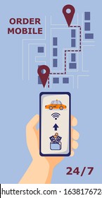 Vertical banner or flyer with hand holding mobile phone for order taxi service online 24/7. Flat vector illustration in bright colors. Dynamic trendy design, classic blue color, text "order mobile"