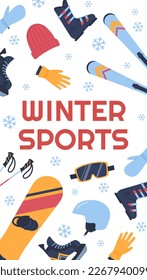 Vertical banner or flyer with winter sports equipment flat style, vector illustration on white background. Skiing and snowboarding, activity and leisure, decorative design