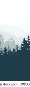 Vertical banner of forest background, silhouettes of trees. Magical misty landscape, fog. Blue and gray illustration. Bookmark. 