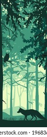 Vertical banner of forest landscape. Fox and owl in magic misty forest. Silhouettes of trees and animals. Blue, green, black background, illustration. Bookmark.