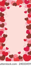 Vertical banner frame on pink background with cute red and chocolate-colored hearts