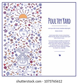 The vertical banner frame. Silhouettes - contours of chickens and roosters, swallows and sunflowers. Agriculture and farms for animals. With space for text. On a white background. Vector illustration.