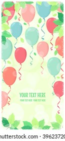 Vertical banner with fresh green spring leaves and multicolored balloons. Retro vector illustration. Place for your text. Invitation, card, poster, flyer, gift certificate