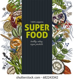 Vertical banner with full color realistic superfood sketch objects. Realistic vector illustration, vegan healthy food design. Kelp, cacao, ginger, moringa, blueberry, goji, stevia, seeds, grain.