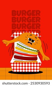 Vertical banner with funky burger character in lunch box in retro groovy style. Psychedelic fast food mascot with face and hands. Cool vector background and poster