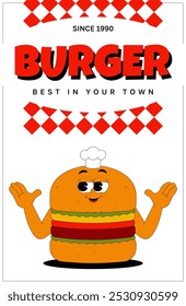 Vertical banner with funky burger character with chefs hat in retro groovy style. Psychedelic fast food mascot with face and hands. Best in your town. Vector background and poster