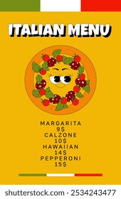 Vertical banner with funky round pizza character in retro groovy style. Italian menu for pizzeria, cafe, restaurant, delivery. Vector background and poster