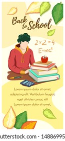 Vertical banner. Guy and school accessories on yellow autumn background. Back to school concept. Vector illustration