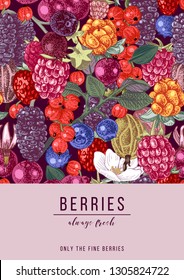 Vertical banner with hand drawn berries and place for your type design. Vector illustration